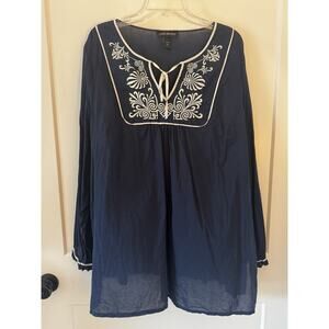 Lane Bryant Embroidered Navy White Blouse Top Sz 22-24 Boho Hippie Coverup